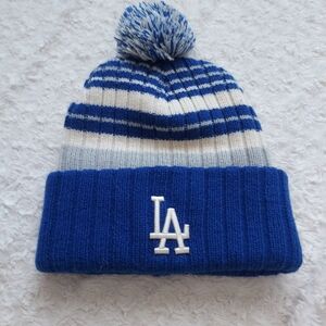 LA Dodgers Baseball Logo Striped Pom Beanie Hat Blue & White Pantone Champions